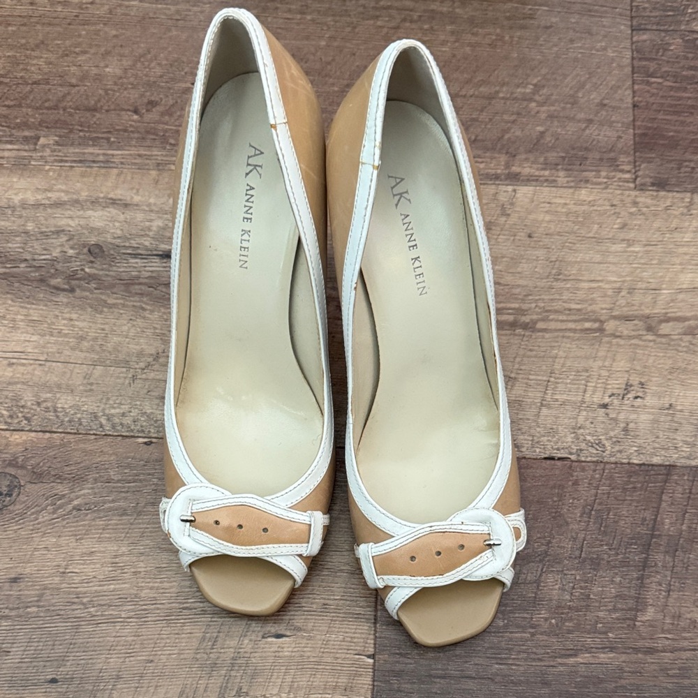 Anne Klein Beige and Cream Peep Toe Heels